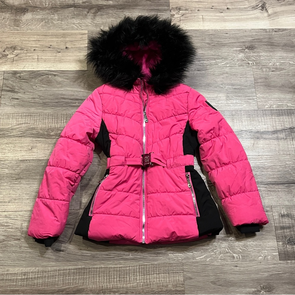 Vince Camuto Pink and Black Puffer Jacket with Fur Hood
